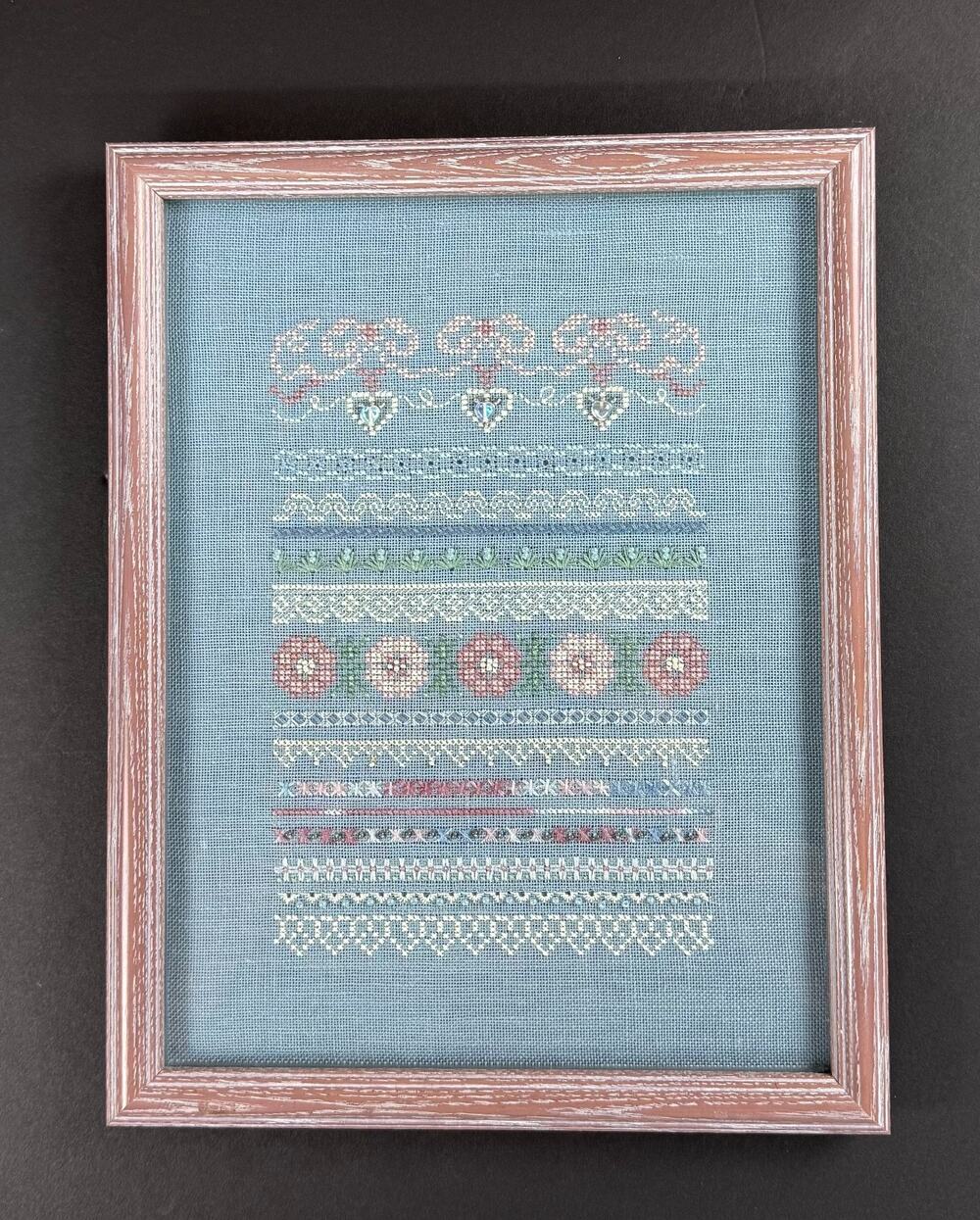Vintage Finished Counted Sampler Wall Art - Framed Blue Linen Band Sampler